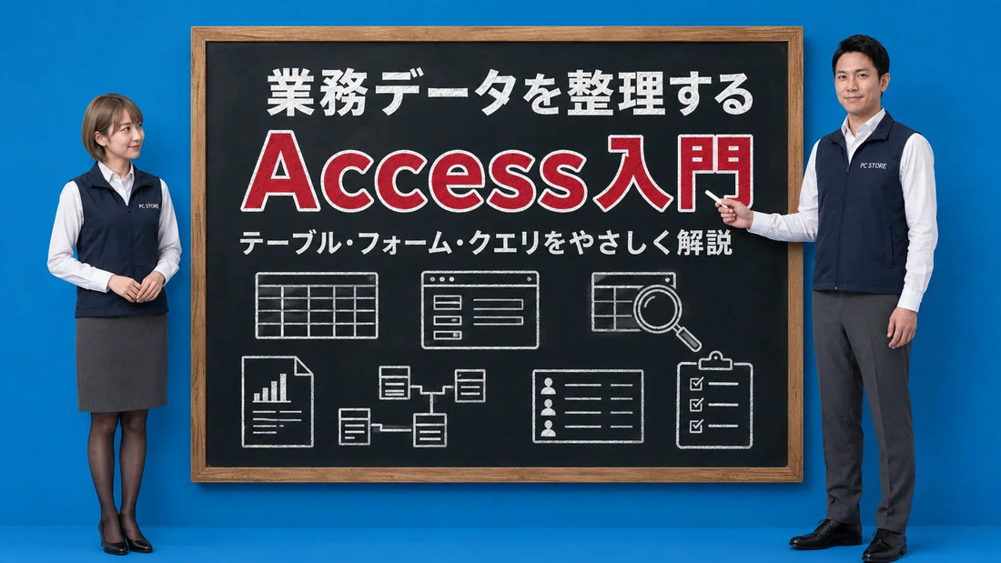 Accessでデータベースを作成する手順を案内する井上七海と坂本大介のアイキャッチ画像
