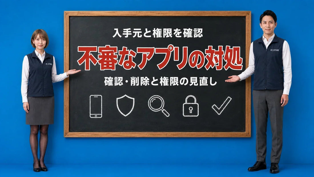 Androidの不審なアプリの対処法を七海と大介が黒板で案内するアイキャッチ画像