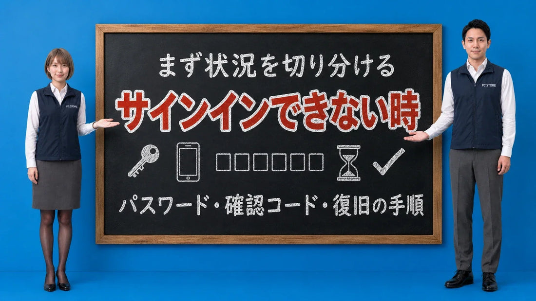 Apple IDにサインインできない時の対処法を七海と大介が黒板で案内するアイキャッチ画像