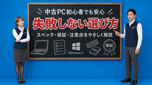 中古パソコンの選び方と注意点を案内する井上七海と坂本大介のアイキャッチ画像