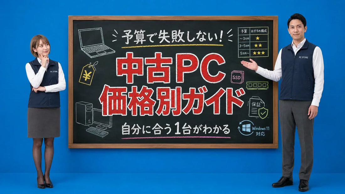 予算別おすすめ中古パソコンの選び方と価格帯ごとの違いを七海と大介が黒板で解説するPC STOREブログのアイキャッチ画像