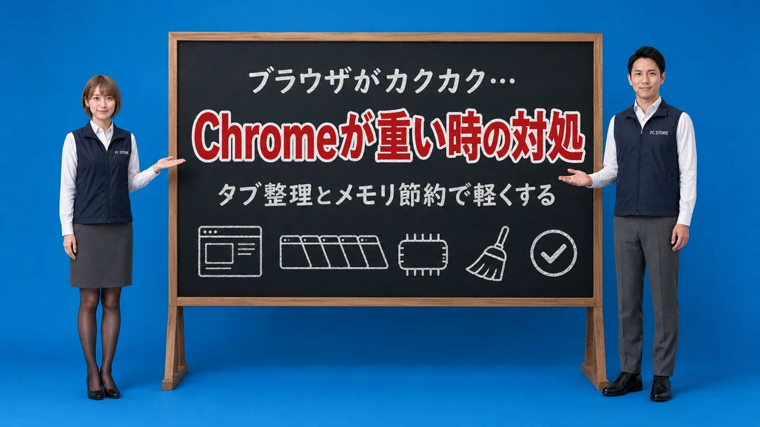 Chromeが重い時やメモリを大量消費する時の対処法を七海と大介が黒板で案内するアイキャッチ画像