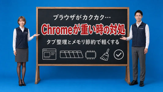 Chromeが重い時やメモリを大量消費する時の対処法を七海と大介が黒板で案内するアイキャッチ画像
