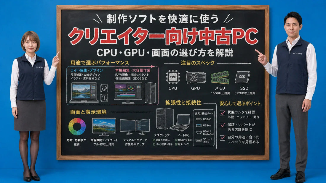 クリエイター向け中古パソコンとデザインソフトに適したモデルの選び方を案内する井上七海と坂本大介のアイキャッチ画像
