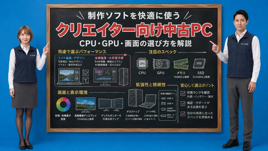 クリエイター向け中古パソコンとデザインソフトに適したモデルの選び方を案内する井上七海と坂本大介のアイキャッチ画像