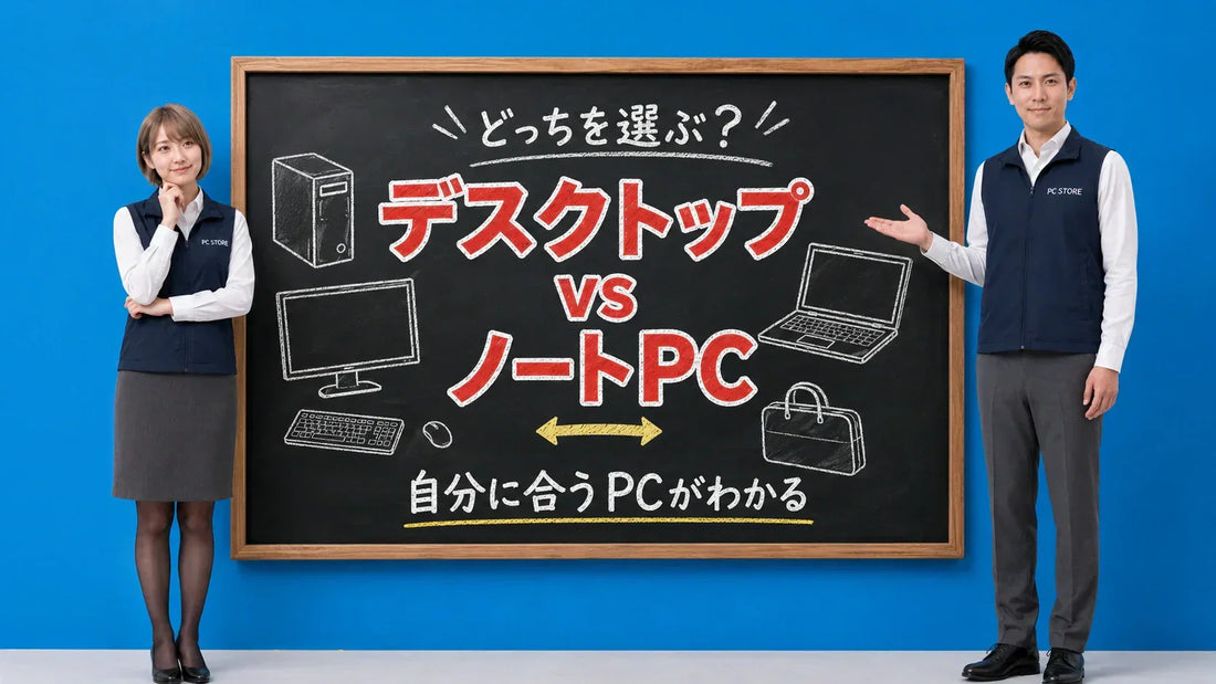 デスクトップパソコンとノートパソコンの違いや選び方を七海と大介が黒板で解説するPC STOREブログのアイキャッチ画像