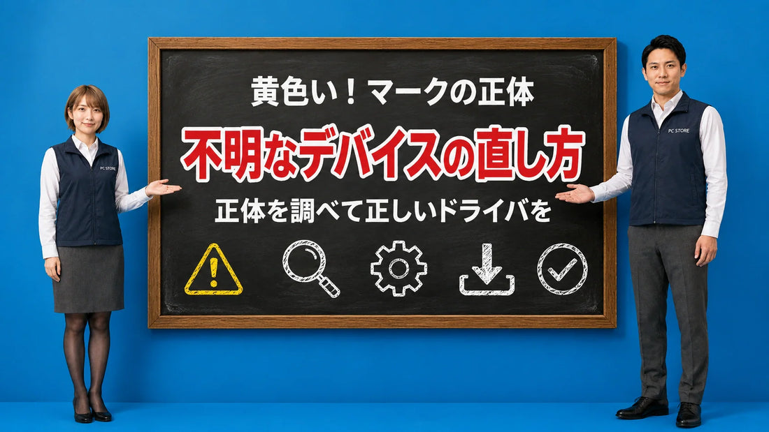 デバイスマネージャーの不明なデバイスの正体を調べて公式から正しいドライバを入れる方法を七海と大介が案内している様子