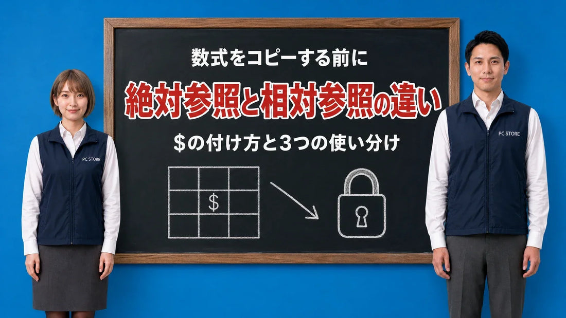 Excelの絶対参照と相対参照の違いを七海と大介が黒板で案内するアイキャッチ画像