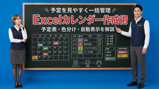Excelでカレンダーとスケジュール管理をする方法を案内する井上七海と坂本大介のアイキャッチ画像