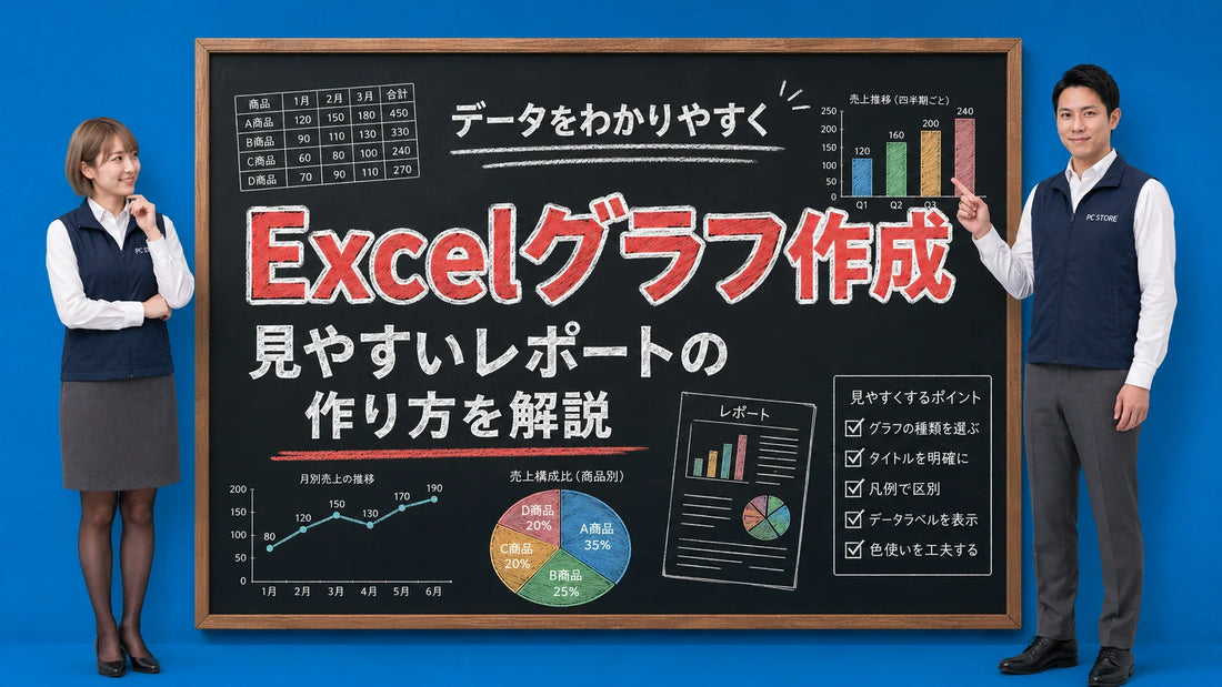Excelで見やすいグラフとレポートの作り方を案内する井上七海と坂本大介のアイキャッチ画像