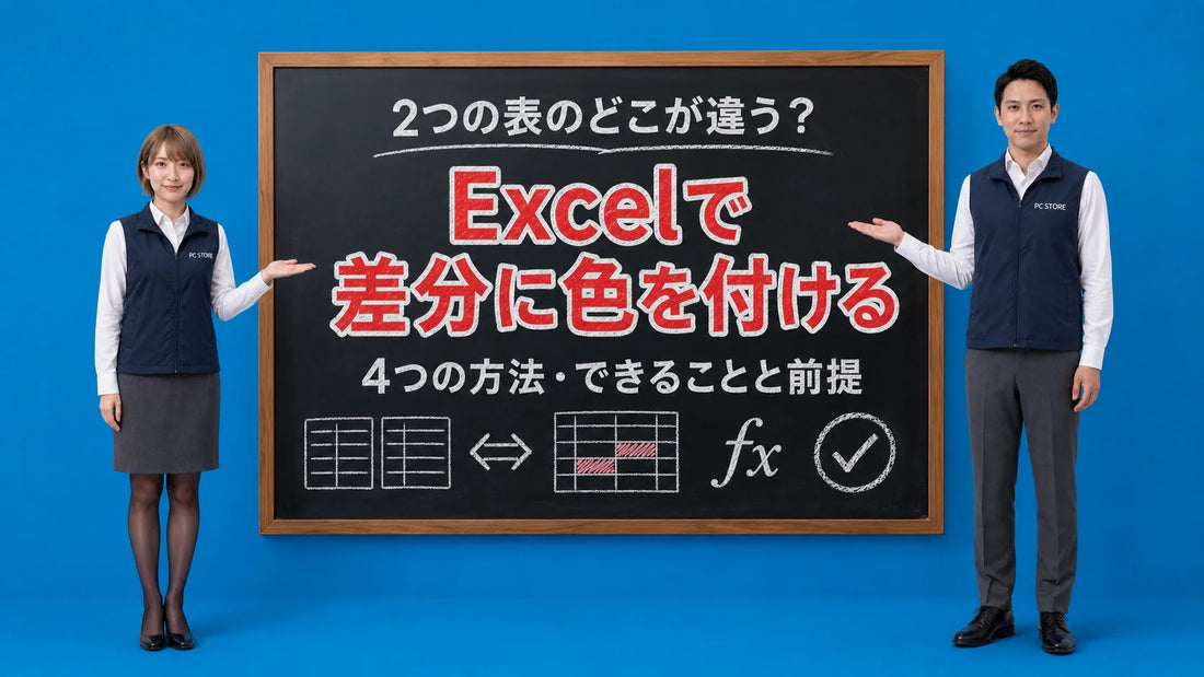 Excelで2つのシートや表を比較して差分に色を付ける方法を七海と大介が案内している様子