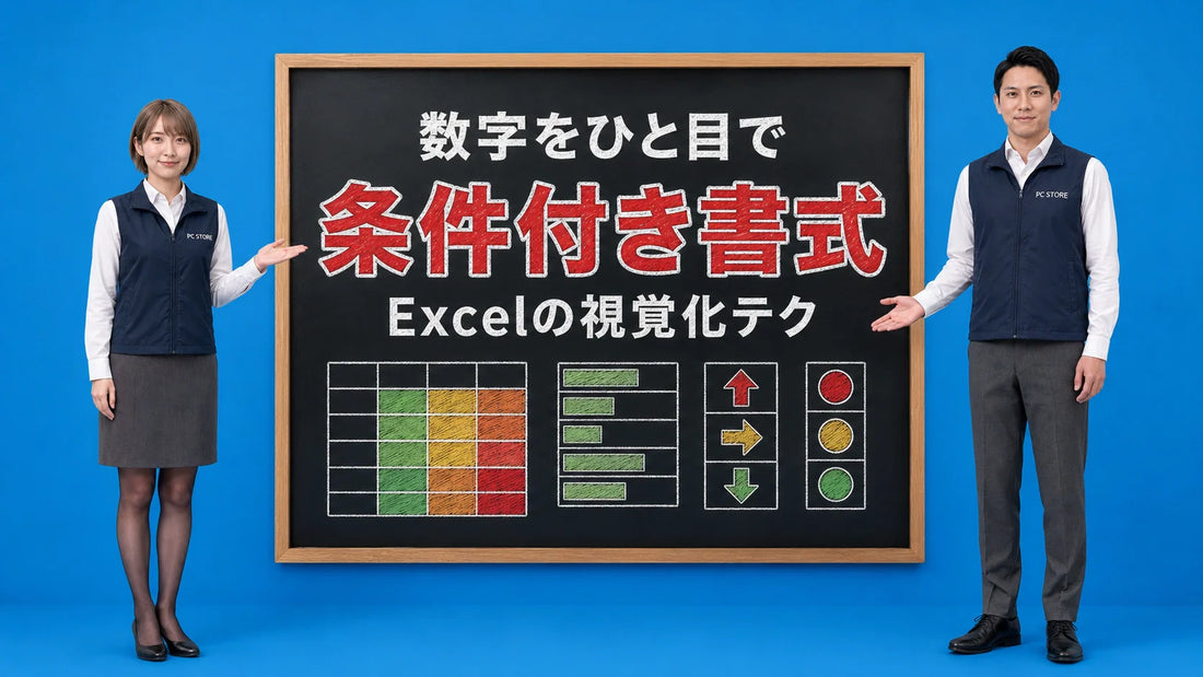 Excelの条件付き書式によるデータ視覚化テクニックを七海と大介が案内している様子