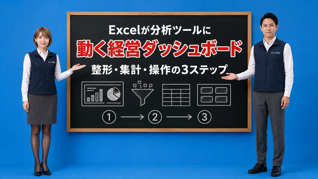 Excelで動く経営ダッシュボードの作り方を七海と大介が案内している様子