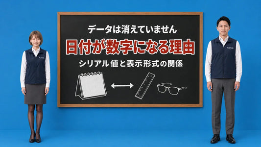 Excelで日付が数字になる理由を七海と大介が黒板で案内するアイキャッチ画像