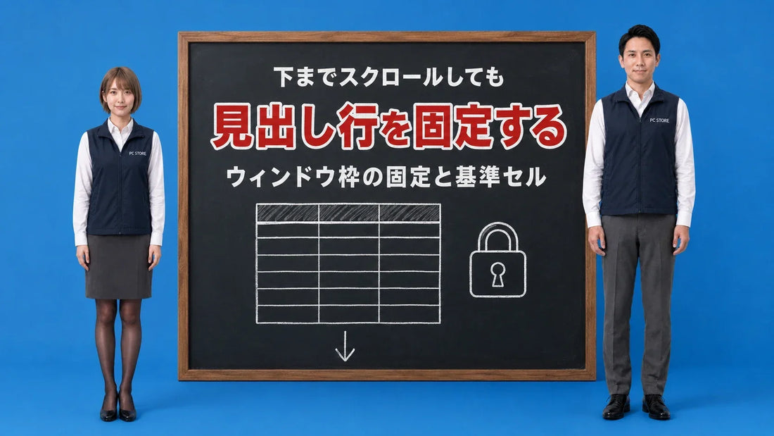 Excelの見出し行を固定する方法を七海と大介が黒板で案内するアイキャッチ画像