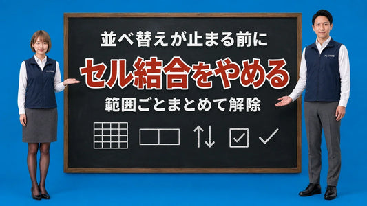 Excelのセル結合をやめる手順を七海と大介が黒板で案内するアイキャッチ