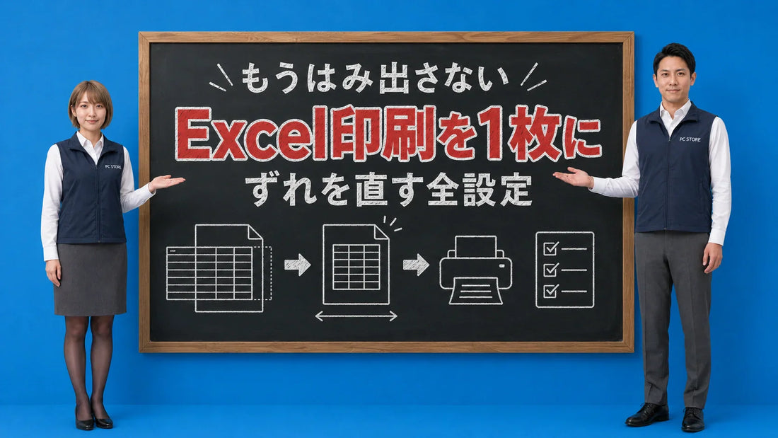 Excelの印刷を1枚に収める設定を七海と大介が案内している様子