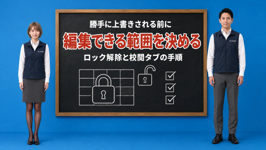Excelのシートを保護して編集範囲を決める方法を七海と大介が黒板で案内するアイキャッチ画像