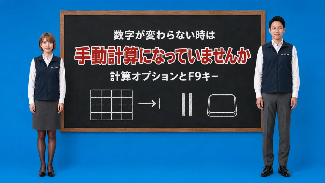 Excelの数式が再計算されない時の確認先を七海と大介が黒板で案内するアイキャッチ画像