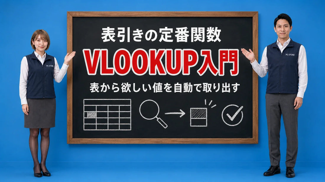 ExcelのVLOOKUP関数の使い方入門を七海と大介が黒板で案内するアイキャッチ画像