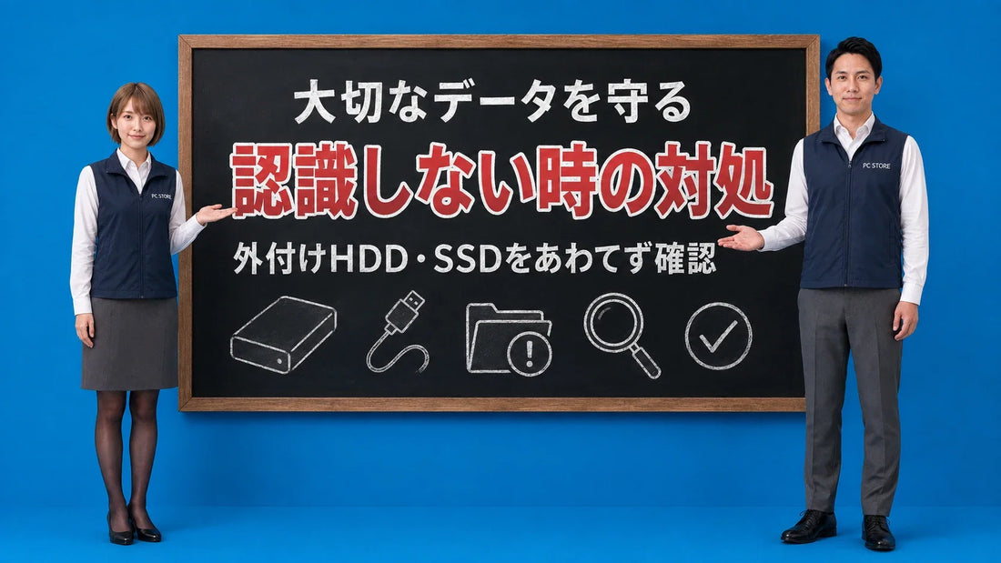 外付けHDDやSSDが認識しない時の対処法を七海と大介が黒板で案内するアイキャッチ画像