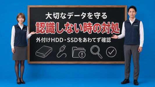 外付けHDDやSSDが認識しない時の対処法を七海と大介が黒板で案内するアイキャッチ画像