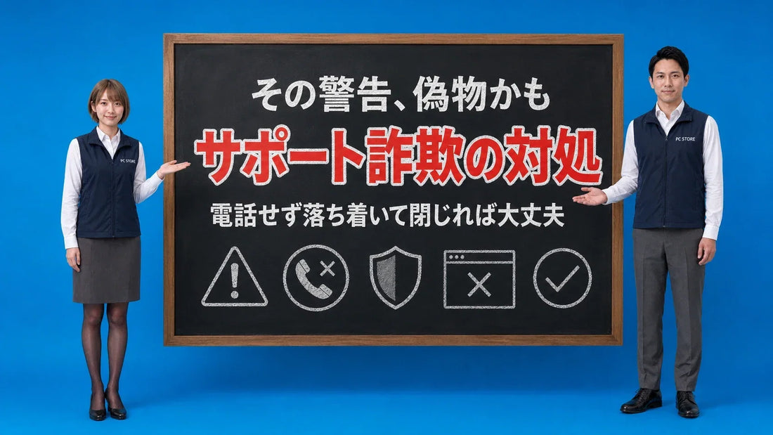 偽セキュリティ警告やサポート詐欺画面が出た時の対処法を七海と大介が黒板で案内するアイキャッチ画像