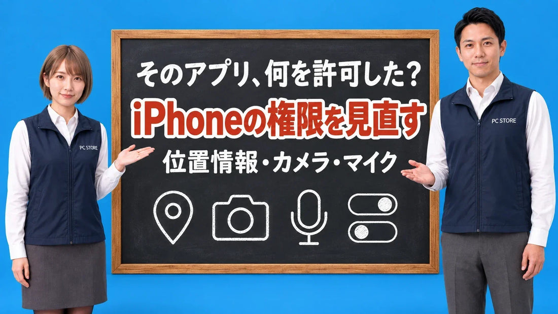 iPhoneのアプリの権限を見直す方法について七海と大介が黒板で案内するアイキャッチ画像