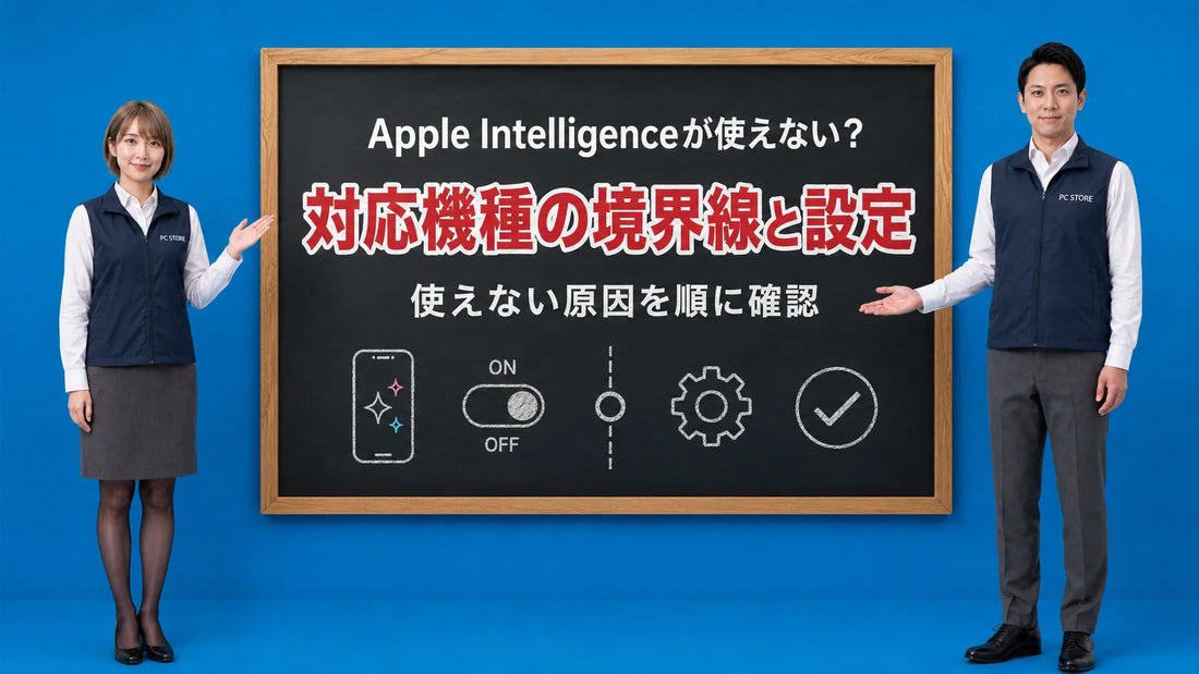 iPhoneのApple Intelligenceの対応機種の境界線と設定を七海と大介が案内している様子