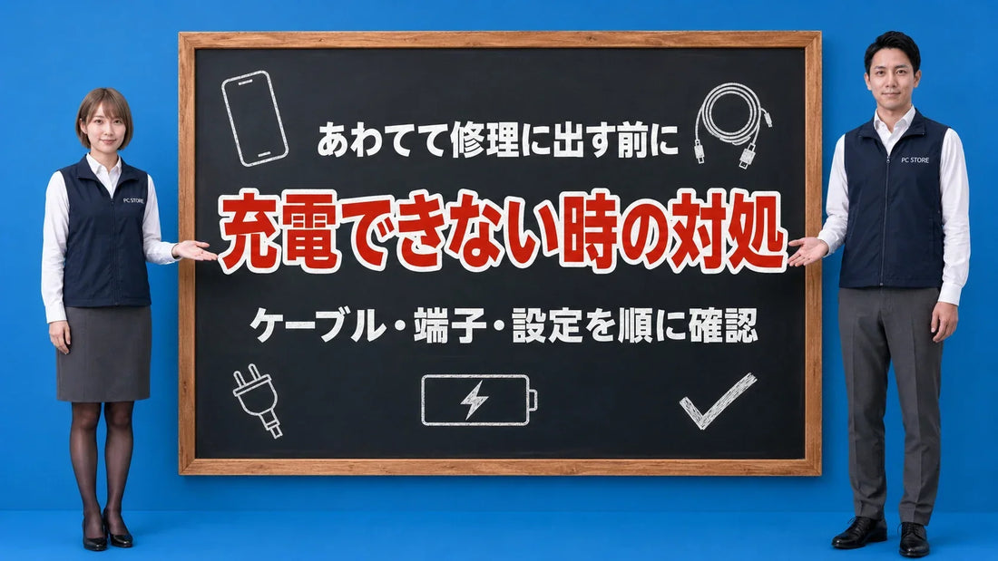 iPhoneが充電できない時の対処法を七海と大介が黒板で案内するアイキャッチ画像