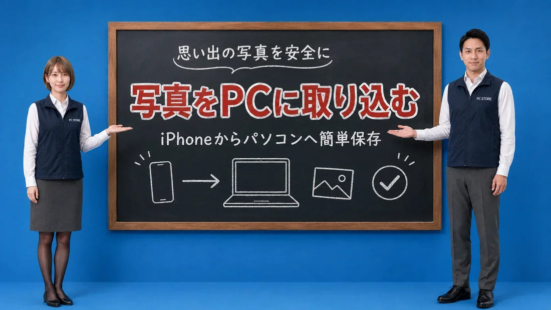 iPhoneの写真や動画をパソコンに取り込む方法を七海と大介が黒板で案内するアイキャッチ画像