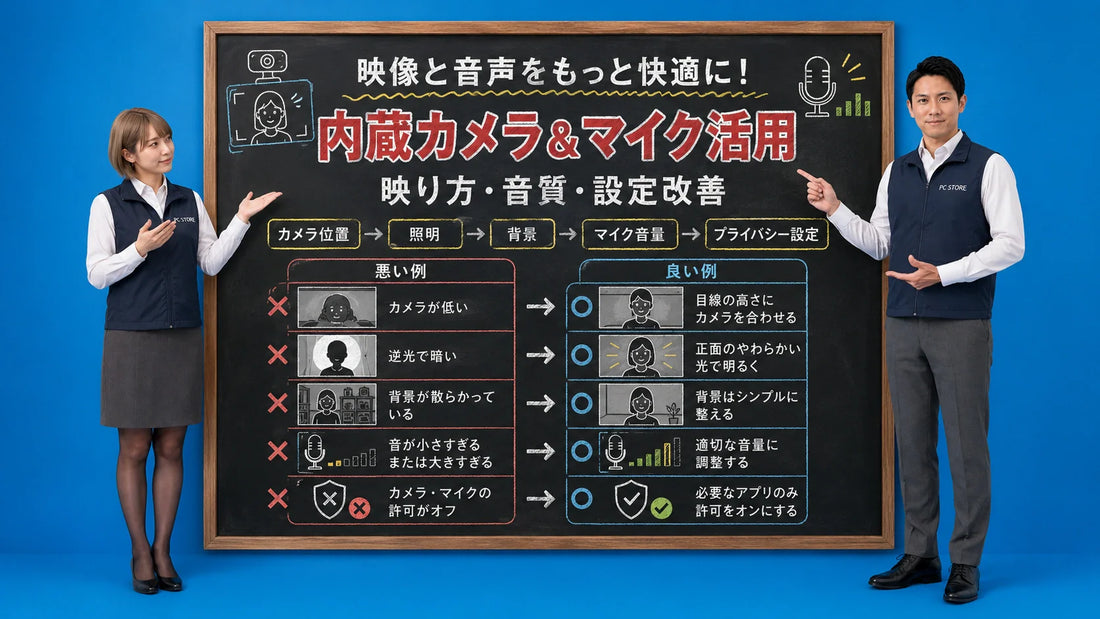 ノートパソコンの内蔵カメラとマイクの映像・音質改善を七海と大介が案内しているアイキャッチ画像