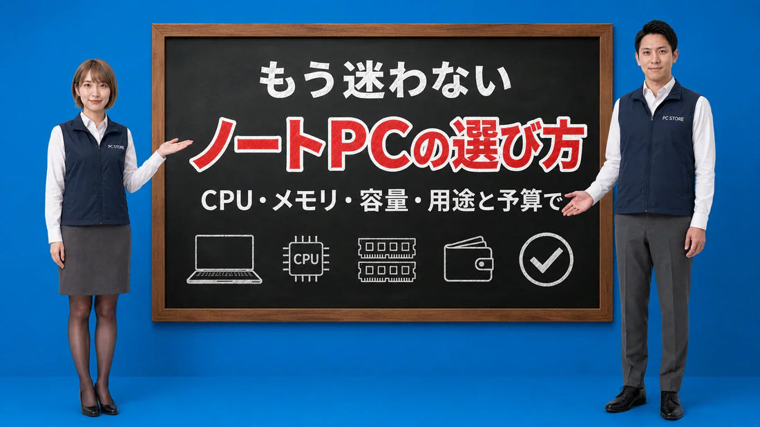 ノートパソコンの選び方を用途と予算の視点で七海と大介が案内している様子