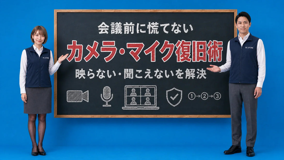 ノートPCのカメラとマイクが使えない時の3段階の切り分けを七海と大介が案内している様子