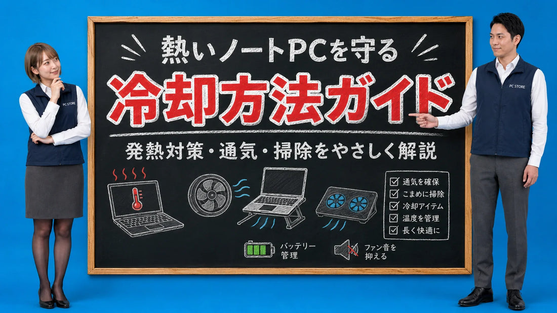 ノートパソコンの冷却方法と発熱対策を案内する井上七海と坂本大介のアイキャッチ画像