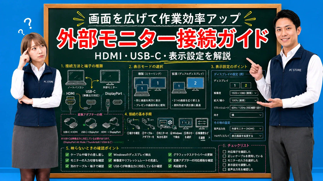 ノートパソコンを外部モニターへ接続する方法を七海と大介が案内しているアイキャッチ画像