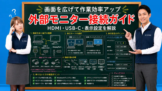 ノートパソコンを外部モニターへ接続する方法を七海と大介が案内しているアイキャッチ画像