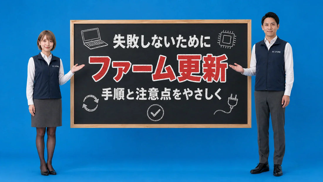 ノートパソコンのファームウェアアップデートの手順と注意点を七海と大介が案内している様子