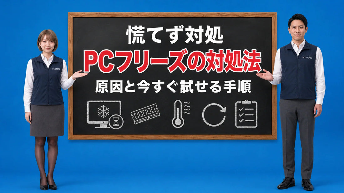 ノートパソコンが固まる時の原因と対処法を七海と大介が案内している様子
