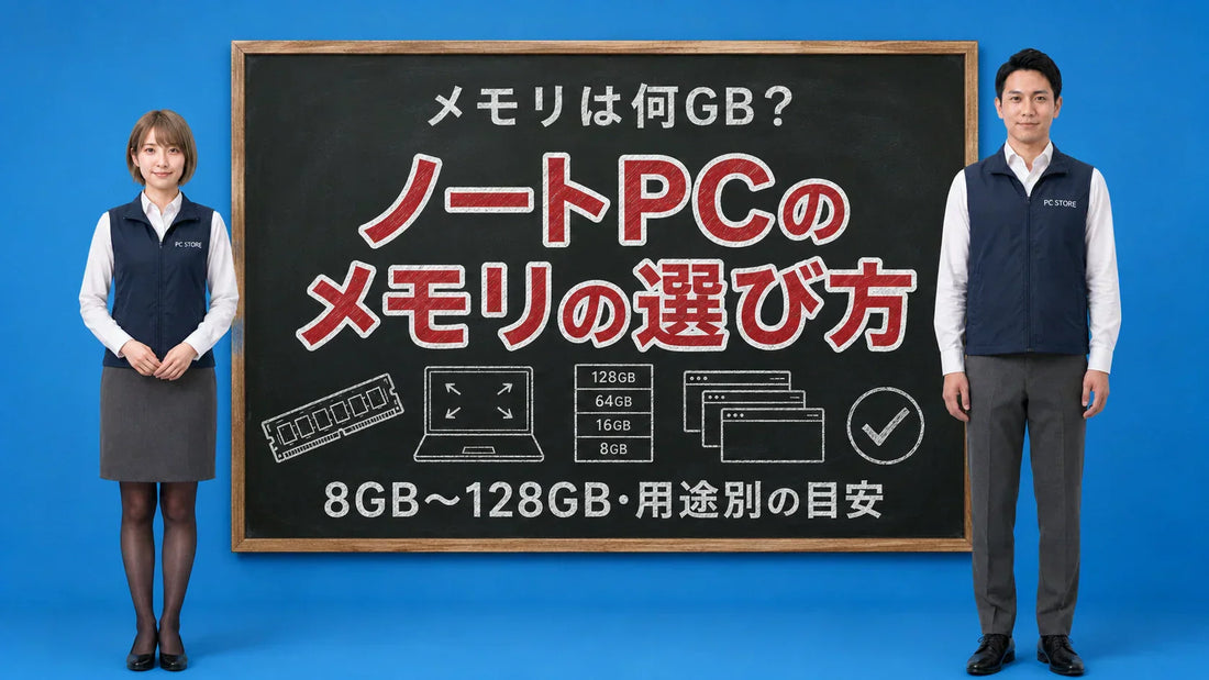 ノートパソコンのメモリは何GB必要かを七海と大介が案内している様子