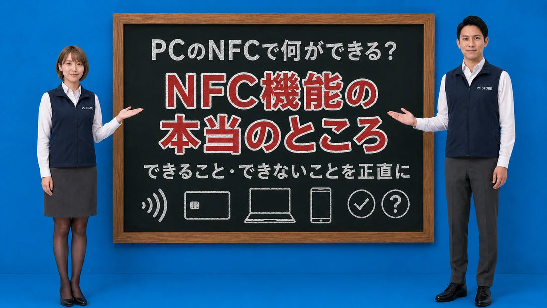 ノートパソコンのNFC機能でできることとできないことを七海と大介が正直に案内している様子