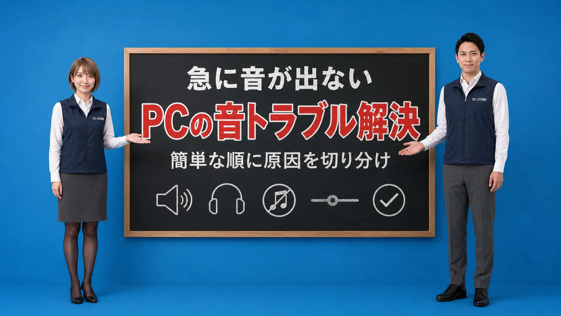 ノートパソコンから音が出ない時にWindowsとMac共通の考え方で原因を切り分ける方法を七海と大介が案内している様子