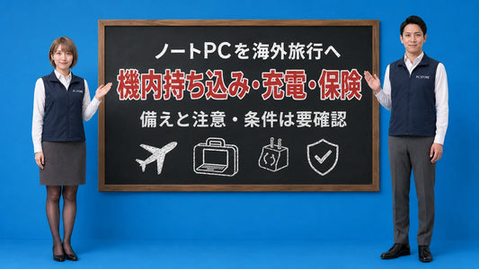 ノートパソコンを海外旅行に持っていく方法と機内持ち込みや充電や保険の注意点を七海と大介が案内している様子
