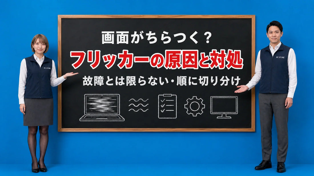 ノートPCの画面がちらつく原因とタスクマネージャーでの切り分けを七海と大介が案内している様子