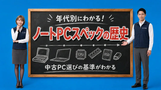 ノートパソコンスペックの歴史と年代別の性能進化を七海と大介が黒板で解説するPC STOREブログのアイキャッチ画像