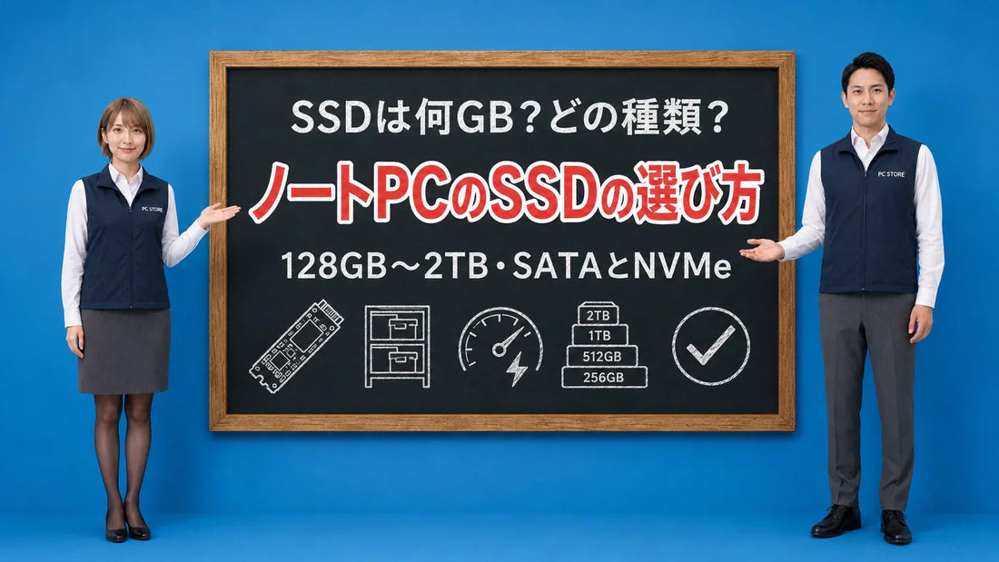 ノートパソコンのSSDの容量と種類の選び方を七海と大介が案内している様子