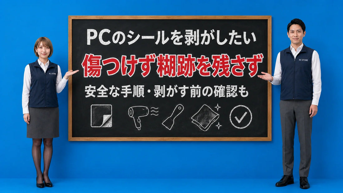 ノートパソコンのシールを傷つけず糊跡も残さず剥がす方法を七海と大介が案内している様子