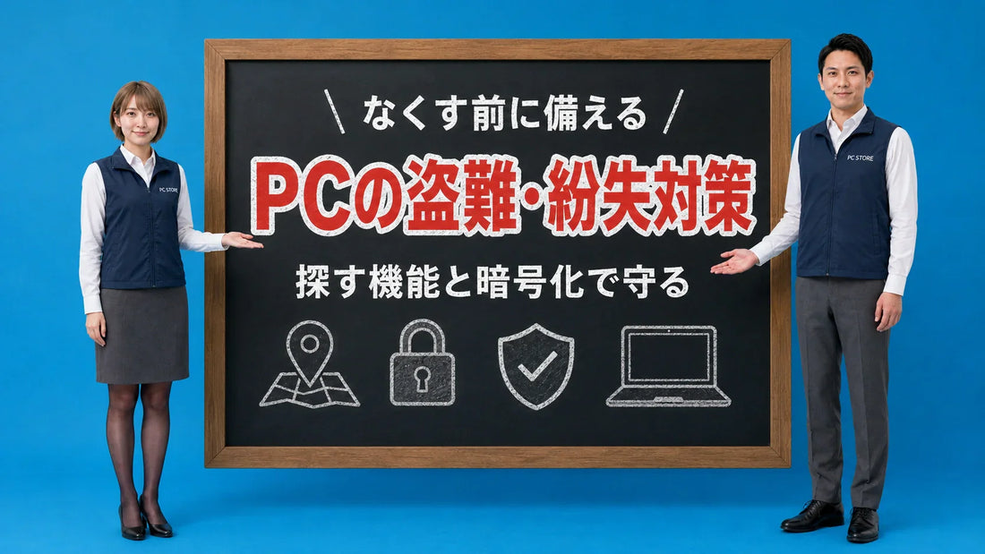 ノートPCの盗難・紛失対策と探す機能や暗号化でデータを守る方法を七海と大介が案内している様子