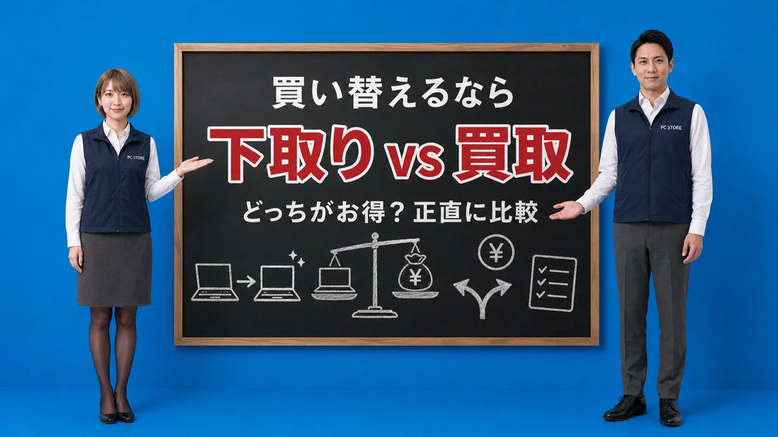 ノートパソコンの下取りと買取の違いと選び方を七海と大介が案内している様子