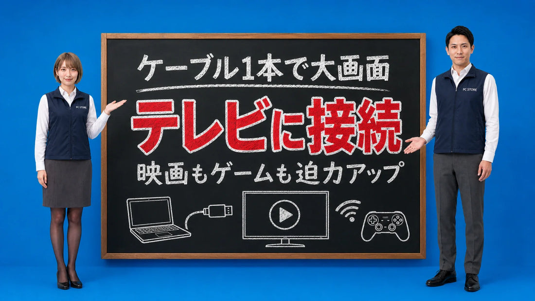 ノートパソコンをテレビに接続して大画面で楽しむ方法を七海と大介が案内している様子